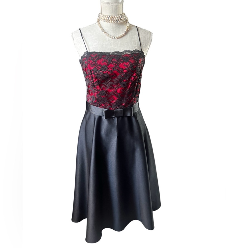 Betsy & Adam Black and Red Lace party Dress with Bow Accent